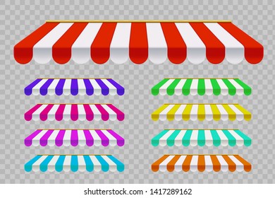 Set of striped sunshade. Template outdoor awnings. Isolated on a transparent background. Vector illustration