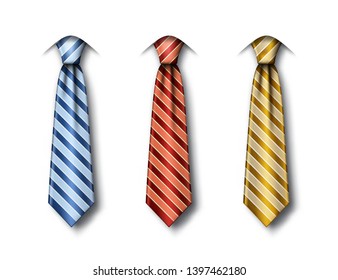 Set of striped ties in different colors on white background. Fathers Day greeting card template with blue, red and gold necktie. Realistic vector illustration