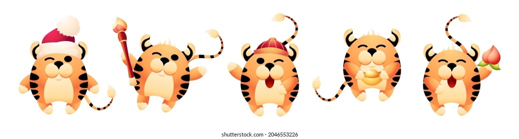 Set of striped tigers for eastern calendar or horoscope. Collection of oriental mascots of the upcoming 2022 Chinese New Year. Symbols of cute tigers for postcard design. Vector isolated illustration.