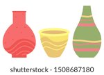 Set of striped vase isolated on white. Crockery decorative jar with waves ornament, color pot in flat style design, ceramic flowerpot. Handmade items from clay. Vase for flowers. Vector illustration