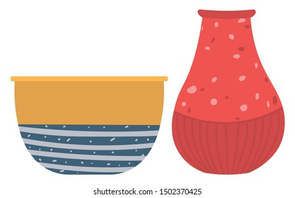Set of striped vase isolated on white. Crockery decorative jar with waves ornament, color pot in flat style design, ceramic flowerpot. Handmade items from clay. Vase for flowers. Vector illustration