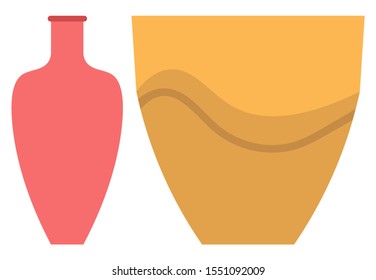 Set of striped vase isolated on white. Crockery decorative jar with waves ornament, color pot in flat style design, ceramic flowerpot. Handmade items from clay. Vase for flowers. Vector illustration