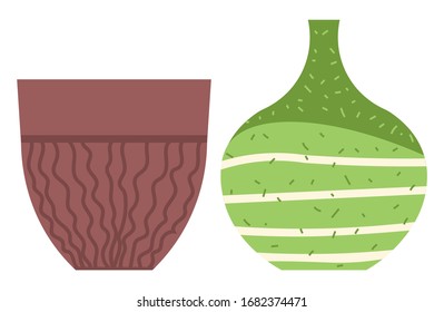 Set of striped vase isolated on white. Crockery decorative jar with waves ornament, color pot in flat style design, ceramic flowerpot. Handmade items from clay. Vase for flowers. Vector illustration