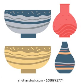 Set of striped vase isolated on white. Crockery decorative jar with waves ornament, color pot in flat style design, ceramic flowerpot. Handmade items from clay. Vase for flowers. Vector illustration