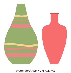 Set of striped vase isolated on white. Crockery decorative jar with waves ornament, color pot in flat style design, ceramic flowerpot. Handmade items from clay. Vase for flowers. Vector illustration