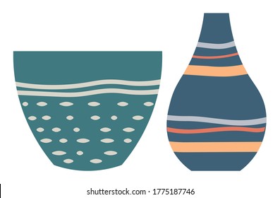 Set of striped vase isolated on white. Crockery decorative jar with waves ornament, color pot in flat style design, ceramic flowerpot. Handmade items from clay. Vase for flowers. Vector illustration