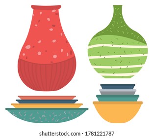 Set of striped vase isolated on white. Crockery decorative jar with waves ornament, color pot in flat style design, ceramic flowerpot. Handmade items from clay. Vase for flowers. Vector illustration