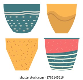 Set of striped vase isolated on white. Crockery decorative jar with waves ornament, color pot in flat style design, ceramic flowerpot. Handmade items from clay. Vase for flowers. Vector illustration