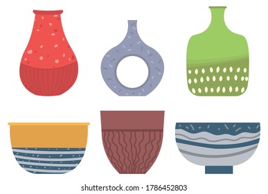 Jarrón a rayas aislado en blanco. Frasco decorativo de vajilla con ornamento de olas, olla de color de diseño plano, maceta de cerámica. Artículos hechos a mano de arcilla. Vara para flores. Ilustración del vector