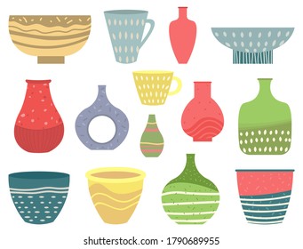 Set of striped vase isolated on white. Crockery decorative jar with waves ornament, color pot in flat style design, ceramic flowerpot. Handmade items from clay. Vase for flowers. Vector illustration