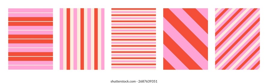Conjunto de planos de fundo verticais distribuídos. Listras coloridas retas e diagonais para cartões, cartazes, tampas, banners ou branding. Cor-de-rosa, bege e vermelha. Ilustração vetorial
