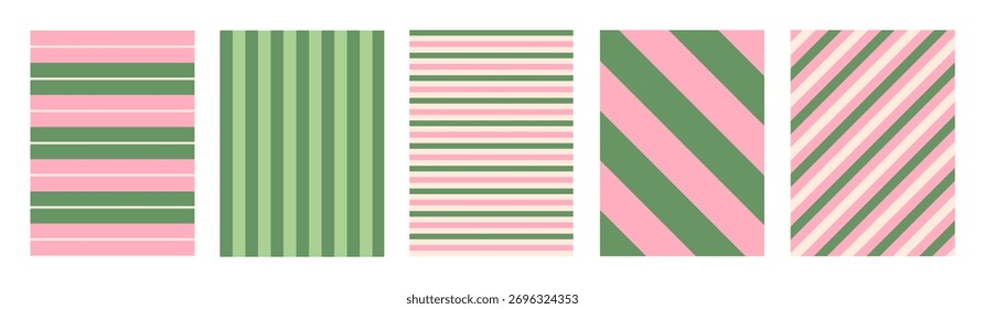Conjunto de fondos de Vertical a rayas. Coloridas rayas rectas y diagonales para tarjetas, carteles, fundas, Anuncios o marcas. Colores rosa, beige y verde. Ilustración vectorial