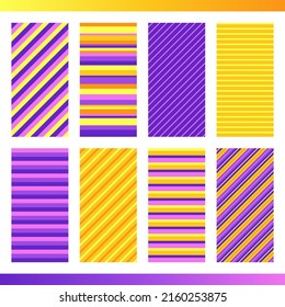 Set of Striped Violet and Yellow Seamless Patterns. Harmonious Composition of Orange and Lilac Linear Recurring Motives. Collection of Continuous Simple Bright Vertical Backgrounds.