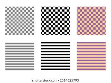 Set of stripes and chess checkerboard seamless patterns. Print for Fashion accessory clothing technical illustration. Vector Black, grey and purple orange lines flat sketch outline isolated