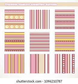 Set of stripped seamless geometric pattern in pink, yellow,beige and white colors