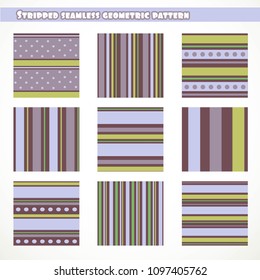 Set of stripped seamless geometric pattern in brown, green and blue color