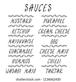 Set Strips of Different Sauces. Fast Food Collection. Realistic Hand Drawn High Quality Vector Illustration. Doodle Style.