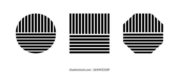 Set of stripy round, square and octagon forms. Black striped geometric shapes isolated on white background. Minimalistic design elements. Vector graphic illustration.