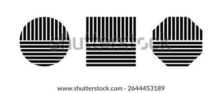 Set of stripy round, square and octagon forms. Black striped geometric shapes isolated on white background. Minimalistic design elements. Vector graphic illustration.