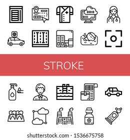 Set of stroke icons. Such as Chamber, Car, Guide, Swimming pool, Doctor, Learning, Cloud computing, Swimmer, Focus, Lotion, Braces, Manager, Factory, Packing list , stroke icons