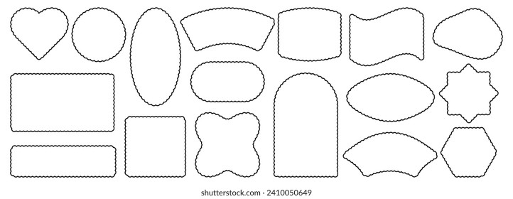 Set of stroke scallop frames for template. Futuristic shapes circle, square, heart, rectangle, flag, oval, arch. Outlines of the edge of the scallop. Vector.