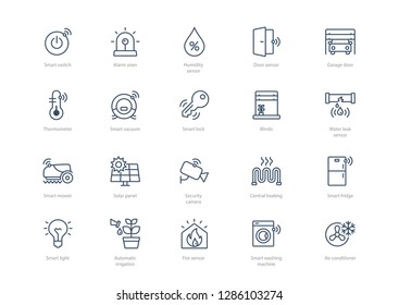 Set of stroke smart home icons isolated on light background. Contains such icons Smart lock, Thermometer, Garage door, Air conditioner, Smart vacuum cleaner and more.