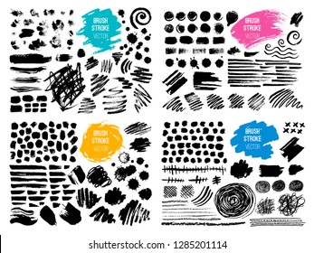 Set stroke spot blod. Brush, pen, marker, chalk. Black white. Vector distressed grunge modern textured brush stroke, doodle, doodles, scribbled, chalkboard. Dry brush. Hand drawn vector.