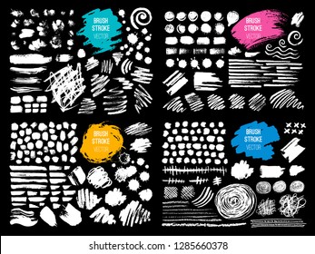 Set stroke spot blod. Brush, pen, marker, chalk. Black white. Vector distressed grunge modern textured brush stroke, doodle, doodles, scribbled, chalkboard. Dry brush. Hand drawn vector.