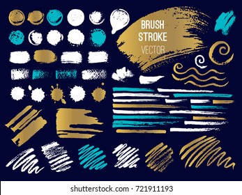 Set stroke spot. Brush, pen, marker, chalk. Vector distressed grunge modern textured brush stroke. Gold, blue. Dry brush. Hand drawn vector.