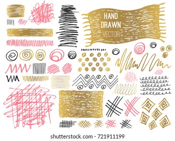 Set stroke spot. Brush, pen, marker, chalk. Vector distressed grunge modern textured brush stroke. Gold, grey, pink. Dry brush. Hand drawn vector.