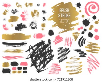 Set stroke spot. Brush, pen, marker, chalk. Vector distressed grunge modern textured brush stroke. Gold, grey, pink. Dry brush. Hand drawn vector.