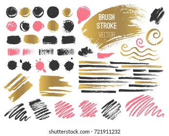 Set stroke spot. Brush, pen, marker, chalk. Vector distressed grunge modern textured brush stroke. Gold, grey, pink. Dry brush. Hand drawn vector.