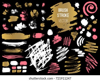 Set stroke spot. Brush, pen, marker, chalk. Vector distressed grunge modern textured brush stroke. Gold, pink. Dry brush. Hand drawn vector.