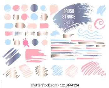 Set stroke spot golden pink blog. Brush, pen, marker, chalk, brush stroke lines, points, gold. Vector distressed grunge modern textured brush stroke. Dry brush. Beauty elegant style. Hand drawn vector