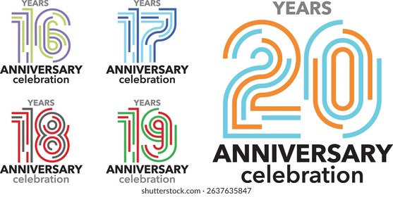 set of stroke various color number 16 17 18 19 20 and the words YEARS ANNIVERSARY celebration.