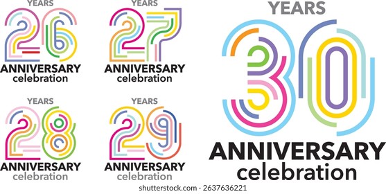 set of stroke various color number 26 27 28 29 30 and the words YEARS ANNIVERSARY celebration.