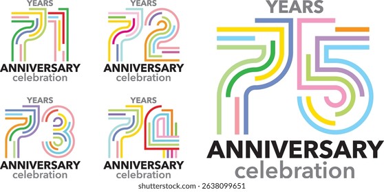 set of stroke various color number 71 72 73 74 75 and the words YEARS ANNIVERSARY celebration.