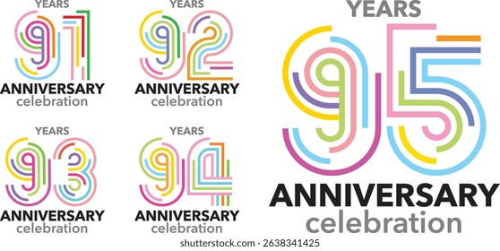set of stroke various color number 91 92 93 94 95 and the words YEARS ANNIVERSARY celebration.