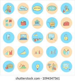 Set Stroke Vector Bitcoin and Cryptocurrency Icons. Mining, coin, pickaxe, gold, money, spinner, video card, phone, laptop, exchange. Blockchain Cryptocurrency. Digital graphic symbol. Bitcoin mining.
