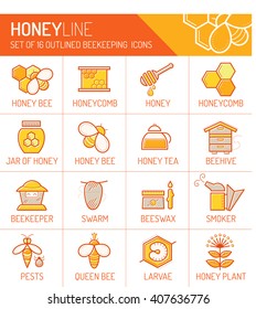 Set of stroked colorful honey and beekeeping icons. Minimalistic flat style with thin strokes. Warm color palette of gold and brown tints
