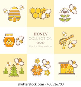 Set of stroked honey emblems. Beekeeping design elements with the honey bee, honeycomb, honey flowers and bee cells. Colorful contoured illustration set