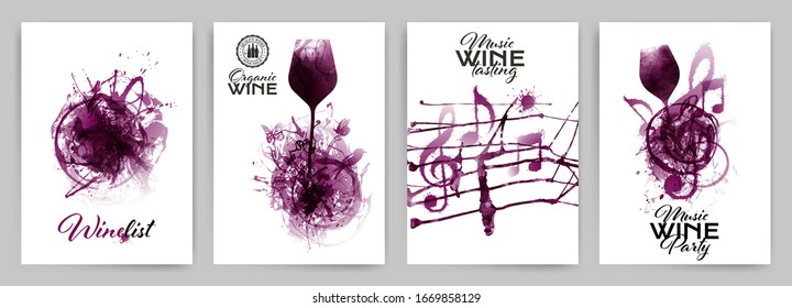 Set with strokes backgrounds and red wine stains. Artistic music symbols with spots. Artistic illustration of wine glass. Poster, brochure, banners, wine promotions. Vector