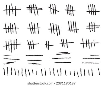 A set of strokes, a count of marks is counted. Chalk on a white background sticks the line counter on the wall. Vector hashes icons for prisons or desert islands, countdown, waiting.