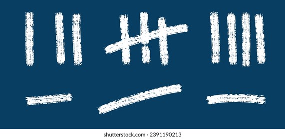 A set of strokes, a count of marks is counted. Chalk on a blue board sticks a line counter on the wall. Vector hashes denote prison or desert island icons, vector chalk texture design