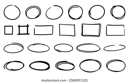 Set of strokes of different shapes, hand-drawn highlights. Square, circle, oval, rectangle, marks. Set of elements and shapes for drawing with a brush for notes to messages