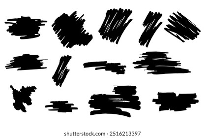 A set of strokes with a felt-tip pen, marker, and brush pen. Grunge design elements vector set. Illustration Black and white marker spots isolated on white background