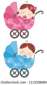 Set of strollers with cute  baby boy and girl. It's a boy. It's a girl. Frame with girl/boy in a stroller. Cartoon character. Vector illustration.