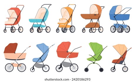 Set of strollers, prams, pushchairs. Childs carts, infants transports for walking, different design types. Empty baby carriages, wheeled cradles. Vector illustrations