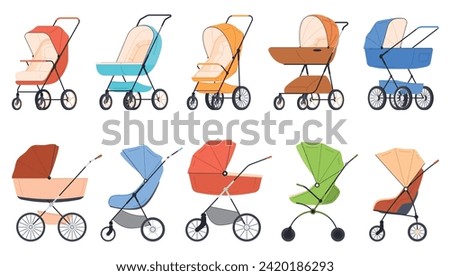 Set of strollers, prams, pushchairs. Childs carts, infants transports for walking, different design types. Empty baby carriages, wheeled cradles. Vector illustrations