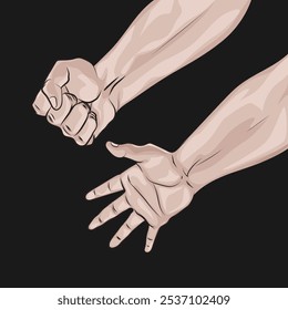 Set of strong anime hands, black background.